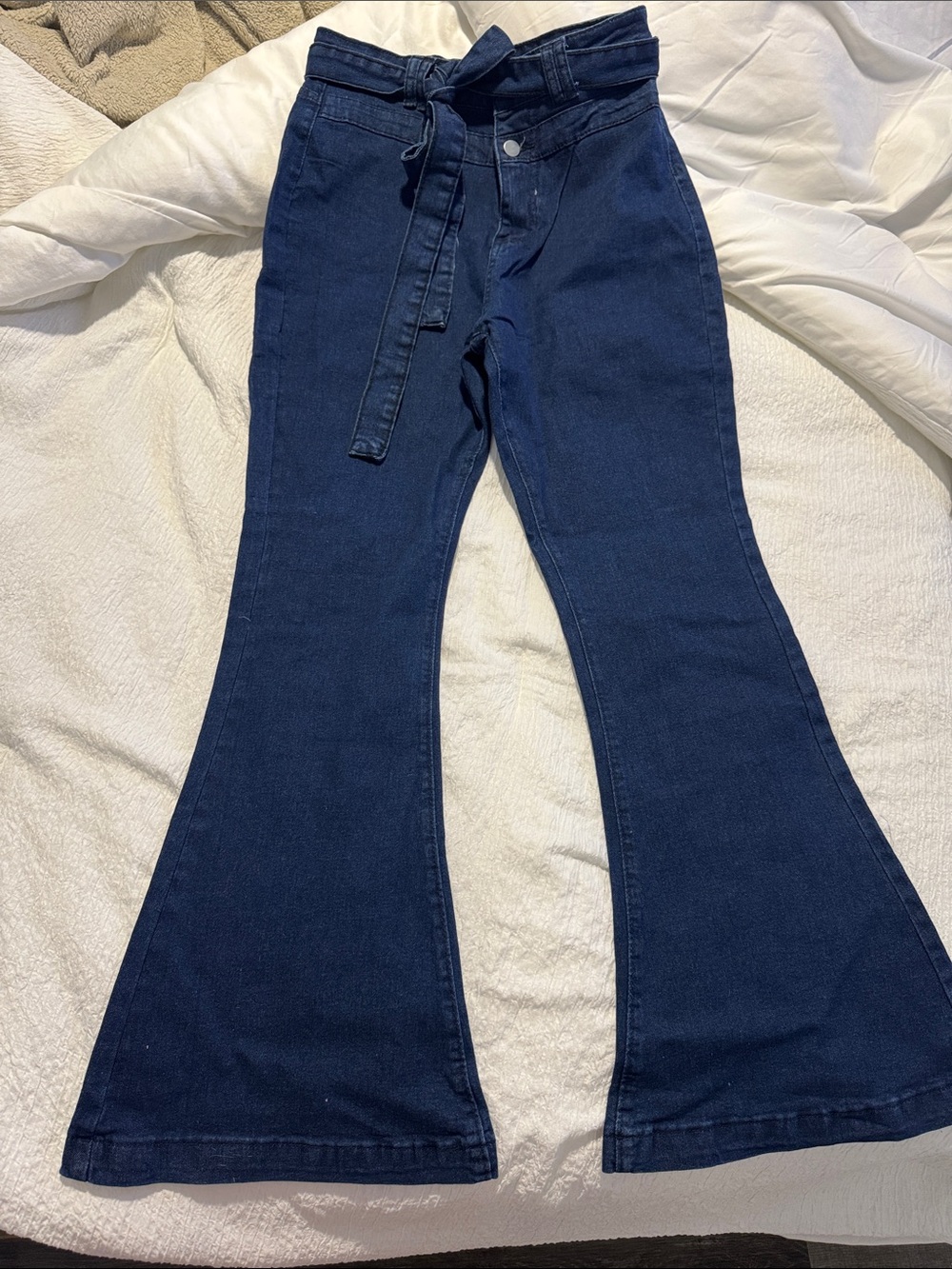 High-Rise Dark Blue Flare Jeans with Tie Belt